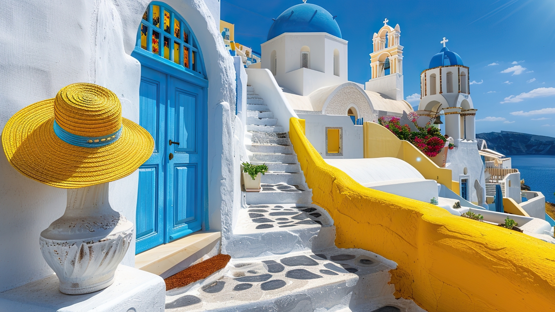 A picturesque scene featuring a blue door and a large yellow straw hat placed on a pedestal. The setting includes whitewashed buildings, a staircase, and vibrant flowers, typical of a Mediterranean landscape.